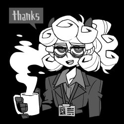 Rule 34 | 1girl, bags under eyes, black background, black horns, business suit, coffee mug, commentary, cup, curly hair, demon girl, demon horns, english commentary, english text, formal, glasses, gloves, greyscale, helltaker, holding, holding cup, horns, id card, lanyard, looking at viewer, monochrome, mug, official art, open mouth, pandemonica (helltaker), short hair, solo, steam, suit, vanripper, white hair