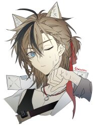 Rule 34 | 1boy, ahoge, animal ears, arknights, bishounen, black hair, blue eyes, brown hair, cat boy, cat ears, character name, closed mouth, collarbone, extra ears, hair ribbon, highres, jacket, jewelry, kamiki hukenoshi, looking at viewer, male focus, medium hair, multicolored hair, necklace, one eye closed, portrait, red ribbon, ribbon, short ponytail, simple background, solo, stainless (arknights), streaked hair, sweat, two-tone hair, white background, white jacket, wiping sweat
