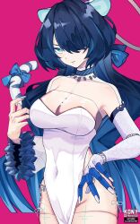 1girl animal_ears black_hair blue_bow blue_eyes body_markings bow breasts cleavage covered_navel dress erina_makina fur-trimmed_sleeves fur_trim hair_bow hair_over_one_eye highres large_breasts long_hair mechanical_arms nkonya pelvic_curtain phase_connect pink_background see-through see-through_cleavage see-through_thighhighs single_mechanical_arm solo tail thighhighs tiger_ears tiger_girl tiger_tail twitter_username virtual_youtuber white_dress