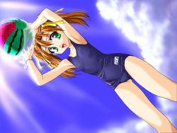 Rule 34 | 1girl, brown hair, cloud, day, game cg, green eyes, name tag, one-piece swimsuit, school swimsuit, sky, solo, swimsuit, themed object