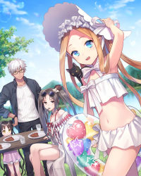 Rule 34 | 1boy, 3girls, abigail williams (fate), abigail williams (swimsuit foreigner) (fate), abigail williams (swimsuit foreigner) (third ascension) (fate), archer (fate), archer (summer casual) (fate), armpits, bare shoulders, bikini, black hair, blonde hair, blue eyes, blue sky, blush, bonnet, bow, breasts, brown eyes, brown hair, chair, cleavage, double bun, dress swimsuit, earrings, eyewear on head, facial mark, fate/grand order, fate/stay night, fate (series), forehead, forehead mark, hair bow, hair bun, hair ornament, innertube, jewelry, long hair, looking at viewer, medium breasts, miniskirt, multiple earrings, multiple girls, navel, open clothes, parted bangs, pink bikini, rice, robe, sessyoin kiara, sessyoin kiara (lily), sidelocks, sitting, skirt, sky, small breasts, smile, spoon, sunglasses, swim ring, swimsuit, table, thighs, twintails, utensil in mouth, very long hair, wavy hair, white bikini, white bow, white hair, white headwear, yamigo, yellow eyes, yu mei-ren (fate), yu mei-ren (swimsuit lancer) (fate)