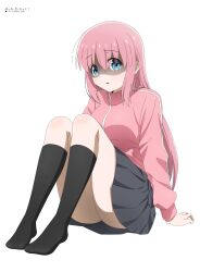 Rule 34 | 1girl, absurdres, black socks, blue eyes, bocchi the rock!, breasts, cube hair ornament, emily0103, gotoh hitori, grey skirt, hair ornament, highres, jacket, knees up, large breasts, long hair, long sleeves, looking at viewer, open mouth, pink hair, pink jacket, pink track suit, scared, shaded face, simple background, skirt, socks, solo, track jacket, trembling, white background