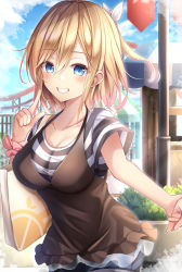 Rule 34 | 1girl, amusement park, bag, black camisole, black shirt, blonde hair, blue eyes, blue sky, blush, breasts, bush, camisole, camisole over clothes, cloud, colored tips, commentary, fence, frilled shirt, frills, grin, hair between eyes, highres, holding, holding bag, holding hands, lamppost, large breasts, looking at viewer, multicolored hair, original, outdoors, pink hair, pointing, pointing at self, roller coaster, shirt, short hair, short sleeves, sky, smile, solo, spaghetti strap, striped clothes, striped shirt, tsukasa tsubasa, undershirt, upper body, utility pole
