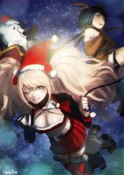 Rule 34 | 2girls, alternate costume, animal costume, antlers, black footwear, black hair, blonde hair, blue background, blue eyes, blush, boots, bow, breasts, christmas, closed mouth, collar, danganronpa: trigger happy havoc, danganronpa (series), enoshima junko, fingernails, green background, grey eyes, hat, high heel boots, high heels, horns, ikusaba mukuro, incest, large breasts, leash, leash pull, long hair, looking at viewer, monokuma, multicolored background, multiple girls, nail polish, night, night sky, nose, one leg raised, open mouth, pleated skirt, red bow, red nails, red skirt, reindeer antlers, reindeer costume, santa hat, siblings, sisters, skirt, sky, star (sky), starry sky, twincest, twins, white background, yuri