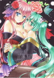 Rule 34 | 2girls, acrylic (medium), acrylic paint (medium), alternate costume, aqua eyes, aqua hair, aqua nails, bad id, bad pixiv id, bare shoulders, blue hair, blush, breasts, bug, butterfly, cleavage, collarbone, couple, female focus, flower, fujiwara minaho, hair between eyes, hair flower, hair ornament, hatsune miku, holding hands, hug, insect, interlocked fingers, japanese clothes, kimono, large breasts, long hair, long sleeves, looking at viewer, magnet (vocaloid), marker (medium), megurine luka, multiple girls, nail polish, neck, off shoulder, painting (medium), pantyhose, pink hair, project diva, project diva (series), project diva 2nd, shy, skirt, smile, tattoo, traditional media, twintails, very long hair, vocaloid, watermark, wide sleeves, yukata, yuri