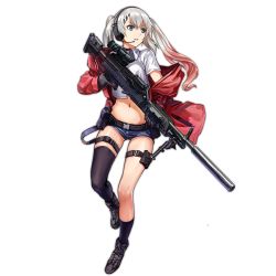 Rule 34 | 1girl, asymmetrical legwear, belt, bipod, black gloves, black thighhighs, blue eyes, crop top, crop top overhang, eyebrows, full body, general-purpose machine gun, general dynamics, girls&#039; frontline, gloves, grey hair, gun, hair ornament, hairclip, headphones, headset, holding, holding gun, holding weapon, holster, hood, hooded jacket, jacket, legs, lightweight medium machine gun, lonestar future weapons, long twintails, looking away, looking to the side, lwmmg (girls&#039; frontline), machine gun, midriff, multicolored hair, navel, nose, off shoulder, official art, parted lips, personification, prototype design, red hair, red jacket, rff (3 percent), scope, shirt, shoes, short shorts, shorts, solo, strap, suppressor, thighhighs, transparent background, trigger discipline, true velocity, twintails, uneven legwear, walking, weapon, white shirt