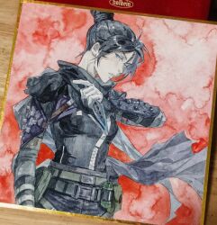Rule 34 | 1girl, animification, apex legends, belt, black belt, black bodysuit, black hair, black scarf, blue eyes, bodysuit, breasts, chongmingggg, frown, green belt, hair behind ear, hair bun, highres, holding, holding knife, knife, kunai, medium breasts, painting (medium), photo (medium), pouch, red background, scarf, shikishi, single hair bun, solo, thigh pouch, thigh strap, traditional media, watercolor (medium), weapon, hope&#039;s dusk (apex legends), wraith (apex legends)