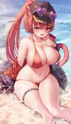 Rule 34 | 1girl, absurdres, animal ears, bikini, black headwearsitting, breasts, bridal garter, cat ears, cat tail, deaver, heart, heart necklace, heterochromia, highres, hololive, houshou marine, houshou marine (summer), jewelry, kemonomimi mode, large breasts, looking at viewer, navel, necklace, o-ring, o-ring thigh strap, ponytail, red bikini, red eyes, red hair, solo, swimsuit, tail, thigh strap, virtual youtuber, wet, yellow eyes