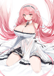 Rule 34 | 1girl, :o, absurdres, azur lane, bad id, bad pixiv id, bare shoulders, blush, breasts, cleavage, detached collar, dress, headdress, highres, huge breasts, jewelry, key, key necklace, long hair, long sleeves, looking at viewer, necklace, perseus (azur lane), pink eyes, pink hair, shibuya (kurokamishain), simple background, sitting, solo, very long hair, wariza, white background, white dress