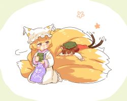 Rule 34 | 2girls, puff of air, animal ears, animal hat, blonde hair, brown hair, cat ears, cat tail, chen, closed eyes, closed mouth, cup, dress, fox ears, fox tail, green headwear, hat, holding, holding cup, kneeling, long sleeves, looking at another, looking back, lying, medium dress, mob cap, moeki (moeki0329), motion lines, multiple girls, multiple tails, on stomach, red dress, shirt, short hair, sigh, smile, socks, tabard, tail, touhou, white dress, white headwear, white legwear, white shirt, yakumo ran, yellow eyes, yunomi