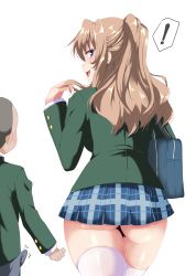 Rule 34 | !, 10s, 1boy, 1girl, absurdres, ass, bag, blazer, blue eyes, blush, bulge, ear blush, erection, erection under clothes, faceless, faceless male, from behind, fumikiri jikan, green jacket, grey pants, twirling hair, height difference, highres, incro300, jacket, light brown hair, long hair, looking at another, looking back, mashima eriko, microskirt, open mouth, pants, pleated skirt, ponytail, school bag, school uniform, simple background, skirt, smile, smirk, tanishi (fumikiri jikan), thighhighs, thighs, white background, white thighhighs