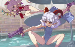 Rule 34 | 2girls, adapted costume, blonde hair, crystal, curly hair, earrings, fang, flandre scarlet, holding spork, horizontal pupils, horn ornament, horn ribbon, horns, jewelry, medium hair, multiple girls, no headwear, one side up, pointy ears, pool, rectangular pupils, red eyes, red horns, ribbon, sharp teeth, sheep horns, slit pupils, smile, swimsuit, syope, table, teeth, touhou, toutetsu yuuma, umbrella, water gun, white hair, wings