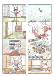 Rule 34 | 10s, 1girl, 4koma, blunt bangs, cassette player, comic, flying, head wings, highres, japanese crested ibis (kemono friends), kemono friends, multicolored hair, multiple 4koma, page number, red hair, silent comic, sitting, white hair, wings, yellow eyes