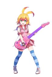 Rule 34 | 1girl, antenna hair, blonde hair, blue thighhighs, blush, electric guitar, fingerless gloves, gal gun (series), gal gun returns, gloves, green eyes, guitar, highres, instrument, masanori ito, multicolored hair, official art, open mouth, orange hair, pink skirt, pleated skirt, school uniform, shoes, short hair, short sleeves, simple background, skirt, sneakers, solo, standing, striped clothes, striped thighhighs, thighhighs, two-tone hair, uno aoi, white background, zettai ryouiki