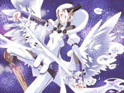Rule 34 | 1girl, bad id, bad pixiv id, blue background, crystal sword, highres, horns, ice, ira96, pointy ears, short hair, solo, sword, weapon, white hair, wings, yellow eyes
