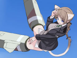 Rule 34 | 1girl, :d, ahoge, animal ears, bad id, bad pixiv id, blue eyes, blush, braid, breasts, brown hair, cat ears, cat tail, dakian, flying, long hair, lynette bishop, medium breasts, military, military uniform, necktie, no pants, open mouth, purple eyes, single braid, smile, solo, strike witches, striker unit, tail, uniform, world witches series