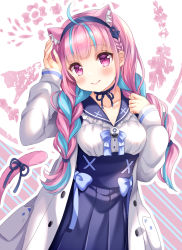 Rule 34 | 1girl, :&gt;, ahoge, animal ear fluff, animal ears, blue hair, blue ribbon, blue skirt, blush, braid, breasts, cardigan, cat ears, cat tail, choker, closed mouth, collarbone, commentary request, head tilt, highres, hololive, long hair, long sleeves, looking at viewer, medium breasts, minato aqua, minato aqua (sailor), multicolored background, multicolored hair, open cardigan, open clothes, outline, pink eyes, pink hair, ribbon, sailor collar, shirt, shizuki aya, skirt, solo, tail, tail ornament, tail ribbon, two-tone hair, virtual youtuber, white outline, white shirt
