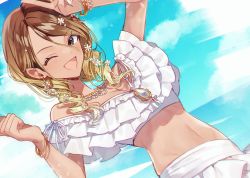 Rule 34 | 1girl, ;d, bikini, blonde hair, blush, bracelet, breasts, brown hair, chobo ume, cleavage, drill hair, dutch angle, flower, frilled bikini, frills, gem, gradient hair, groin, hair between eyes, hair flower, hair ornament, highres, idolmaster, idolmaster shiny colors, izumi mei, jewelry, looking at viewer, medium breasts, multicolored hair, navel, necklace, off-shoulder bikini, off shoulder, one eye closed, open mouth, outdoors, pearl necklace, smile, solo, swimsuit, twintails, v, white bikini
