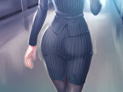 Rule 34 | 1girl, ass, ass focus, ass shake, close-up, female focus, floor, formal, from behind, grassturtle, hand up, head out of frame, highres, hip focus, indoors, legs, motion lines, original, pantyhose, pencil skirt, s kyoushi na kagami-sensei to m haha na ryouko-san 2, skirt, solo, standing, striped suit, suit, teacher, thighs, walking, wide hips