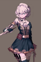 Rule 34 | 1girl, alternate costume, black gloves, blue eyes, bow, braid, closed mouth, cowboy shot, dress, fingerless gloves, gloves, green dress, hair between eyes, hair bow, hair over shoulder, highres, holding, holding knife, holster, izayoi sakuya, knife, lips, long sleeves, looking at viewer, maid headdress, pouch, serious, short dress, silver hair, simple background, solo, thighhighs, touhou, uni (bom19850101)