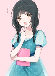 Rule 34 | 1girl, :d, black hair, blue dress, blunt bangs, blush, braid, chisumi, dress, finger to mouth, green eyes, head tilt, holding, index finger raised, long hair, looking at viewer, open mouth, original, pink background, puffy short sleeves, puffy sleeves, short sleeves, simple background, smile, solo, twin braids, upper body
