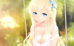 Rule 34 | 10s, 1girl, blonde hair, blue eyes, blurry, blush, boku wa tomodachi ga sukunai, breasts, butterfly hair ornament, cait aron, cleavage, collarbone, depth of field, female focus, hair ornament, highres, kashiwazaki sena, large breasts, long hair, looking at viewer, smile, solo, swimsuit, upper body