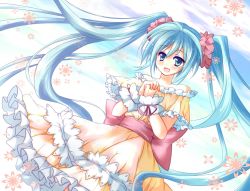 Rule 34 | 1girl, aqua eyes, aqua hair, bad id, bad pixiv id, bare shoulders, dress, female focus, frills, fuepo, gradient background, hatsune miku, long hair, open mouth, own hands clasped, own hands together, sky, solo, twintails, very long hair, vocaloid, white background