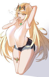 Rule 34 | 1girl, arms behind head, blonde hair, breasts, commentary, dolphin shorts, english commentary, highres, large breasts, long hair, mythra (xenoblade), one eye closed, open mouth, psidubs, shorts, simple background, solo, teeth, thigh strap, tongue, very long hair, white background, xenoblade chronicles (series), xenoblade chronicles 2, yawning, yellow eyes
