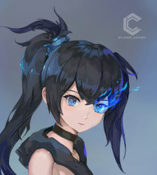 Rule 34 | 1girl, asymmetrical hair, black choker, black hair, black rock shooter, black rock shooter (character), blue eyes, blue fire, blue hair, choker, closed mouth, fire, flaming eye, gradient hair, grey background, highres, long hair, looking at viewer, multicolored hair, portrait, solo, twintails, yan guang aoxiang