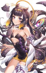 Rule 34 | 1girl, ao-chan (ninomae ina&#039;nis), bare shoulders, black dress, black gloves, blue eyes, blunt bangs, blush, breasts, collarbone, cowboy shot, detached sleeves, dress, feathered wings, gloves, halo, highres, hololive, hololive english, long hair, looking at viewer, low wings, mole, mole under eye, ninomae ina&#039;nis, ninomae ina&#039;nis (1st costume), pillo, pointy ears, purple hair, short dress, sidelocks, single thighhigh, small breasts, smile, solo, takodachi (ninomae ina&#039;nis), tentacle hair, tentacles, thighhighs, thighs, virtual youtuber, white thighhighs, wings