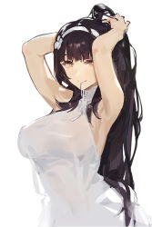 Rule 34 | 1girl, adjusting hair, armpits, arms up, black hair, breasts, bullpup, girls&#039; frontline, gun, hairband, kishiyo, large breasts, long hair, looking at viewer, personification, revision, simple background, sleeveless, smile, solo, type 95 (girls&#039; frontline), very long hair, white background, white hairband, yellow eyes