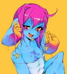 Rule 34 | 1girl, :d, bad id, bad twitter id, bare shoulders, blue skin, collarbone, colored sclera, colored skin, cteno (slugbox), fang, flat chest, glasses, head arms, highres, looking at viewer, monster girl, open mouth, original, pink hair, red eyes, semi-rimless eyewear, short hair, simple background, slugbox, smile, solo, under-rim eyewear, upper body, yellow background, yellow sclera