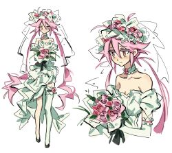 Rule 34 | 1girl, bare shoulders, black footwear, bouquet, choker, detached sleeves, dress, edward (chookooreetoo), flower, highres, holding, holding bouquet, long hair, low twintails, multiple views, oune meno, pink eyes, pink flower, pink hair, pink rose, puffy short sleeves, puffy sleeves, rose, shoes, short sleeves, sidelocks, single thighhigh, thighhighs, twintails, utau, very long hair, wedding dress, white choker, white dress, white thighhighs, white veil