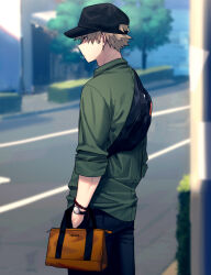 Rule 34 | 1boy, alternate costume, bag, bakugou katsuki, baseball cap, bead bracelet, beads, black bag, black hat, blonde hair, blue pants, blurry, blurry background, boku no hero academia, bracelet, carrying bag, casual, closed mouth, collared shirt, day, fanny pack, film grain, freestyle18, from behind, from side, green shirt, hair through headwear, hand in pocket, handbag, hat, hedge, jewelry, jitome, light, looking away, male focus, orange bag, outdoors, pants, profile, red eyes, road, shade, shirt, short hair, sleeves past elbows, sleeves rolled up, solo, spiked hair, standing, street, sunlight, tree, upper body, utility pole, watch, wristwatch, zipper pull tab