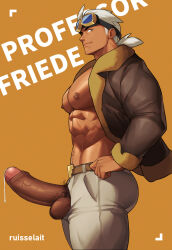 Rule 34 | 1boy, abs, alternate muscle size, ass, bara, bare pectorals, belt, belt buckle, brown belt, brown jacket, buckle, character name, closed mouth, creatures (company), dark-skinned male, dark skin, erection, feet out of frame, foreskin, friede (pokemon), game freak, goggles, goggles on head, highres, jacket, large pectorals, large penis, long sideburns, long sleeves, looking at viewer, looking to the side, male focus, male pubic hair, muscular, muscular male, navel hair, nintendo, no shirt, open clothes, open fly, open jacket, pants, pectorals, penis, pokemon, pokemon (anime), pokemon horizons, ponytail, precum, pubic hair, ruisselait, sideburns, thick eyebrows, thick thighs, thighs, yellow eyes