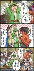 Rule 34 | 1girl, 3koma, :d, belt, breasts, cape, comic, curly hair, dragon quest, dragon quest vii, dress, gabo, green eyes, hat, hero (dq7), imaichi, long hair, maribel (dq7), multiple boys, nipples, open mouth, pirate hat, red hair, smile