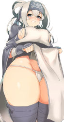 Rule 34 | 10s, 1girl, ainu clothes, arm guards, bandana, blue thighhighs, blush, breasts, clothes lift, curvy, from above, from below, fundoshi, grey eyes, grey hair, hip focus, japanese clothes, kamoi (kancolle), kantai collection, large breasts, long hair, looking at viewer, osuman toruko, parted lips, pelvic curtain, sideboob, sidelocks, simple background, smile, solo, tabard, thick eyebrows, thick thighs, thighhighs, thighs, white background, wide sleeves