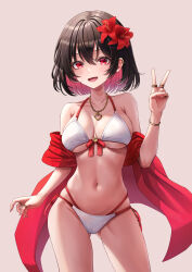 Rule 34 | 1girl, :d, absurdres, bare shoulders, bikini, black hair, blush, bow, bow bikini, breasts, collarbone, colored inner hair, commentary, cowboy shot, ear piercing, flower, hair flower, hair ornament, hand up, harupuri913, heart, heart necklace, highres, jewelry, large breasts, multicolored hair, multiple rings, navel, necklace, open mouth, original, piercing, pink background, pink hair, red eyes, ring, short hair, side-tie bikini bottom, simple background, smile, solo, stomach, swimsuit, two-tone hair, v, white bikini