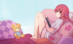Rule 34 | 1girl, blush, brown eyes, highres, kukie-nyan, long hair, looking at viewer, parted lips, red hair, rin (shelter), shelter (song), sitting, solo, stuffed animal, stuffed toy, tablet pc, teddy bear