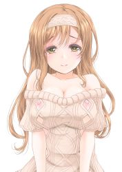 Rule 34 | 10s, 1girl, bare shoulders, blush, breasts, brown eyes, brown hair, cleavage, frapowa, half-closed eyes, headband, kunikida hanamaru, large breasts, long hair, looking at viewer, love live!, love live! sunshine!!, nippleless clothes, nipples, off-shoulder, off-shoulder sweater, off shoulder, short-sleeved sweater, short sleeves, simple background, smile, solo, sweater, tears, upper body, white background, yellow eyes