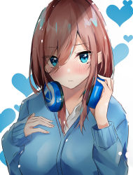 Rule 34 | 1girl, absurdres, bad id, bad pixiv id, blue eyes, blue jacket, blush, brown hair, closed mouth, collared shirt, commentary request, eyes visible through hair, go-toubun no hanayome, hair between eyes, hand on own chest, hands up, headphones, headphones around neck, heart, highres, jacket, long hair, long sleeves, looking at viewer, nakano miku, nanashinayuzu mochi, shirt, simple background, sleeves past wrists, solo, upper body, white shirt