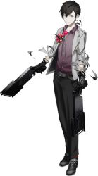 Rule 34 | 1boy, black hair, black skin, brown eyes, caligula (game), colored skin, dual wielding, flower, full body, gun, holding, jacket, loafers, long sleeves, looking at viewer, male focus, official art, oguchi, open clothes, open jacket, pants, protagonist (caligula), rose, shoes, solo, standing, weapon, white skin