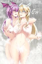 Rule 34 | 2girls, absurdres, against glass, bathroom, blonde hair, breast press, breasts, breasts on glass, censored, cleavage, enoxarte, hair ornament, hand on another&#039;s chest, hand on hand, head wings, heart, heart-shaped pupils, highres, long hair, multiple girls, nude, original, smile, symbol-shaped pupils, wings