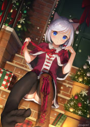 Rule 34 | 1girl, :o, animal ears, artist name, black thighhighs, blue eyes, blush, boots, bow, bowtie, box, braid, breasts, brick wall, brown footwear, building, cape, cat ears, christmas ornaments, christmas tree, cleavage, commentary request, cross-laced footwear, feet, flower pot, gift, gift box, hair bow, hat, house, knee boots, lace-up boots, mignon, mini hat, original, parted lips, plant, potted plant, red bow, red bowtie, red cape, red hat, santa hat, shoes, short hair, silver hair, single boot, single braid, single shoe, sitting, small breasts, snowflakes, soles, solo, stairs, swept bangs, tareme, thighhighs, thighs, twitter username, untying