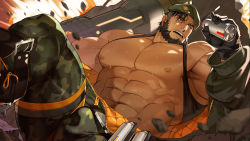 Rule 34 | abs, against wall, armpit hair, armpits, bara, beard, belt, beret, black hair, boots, bulge, buzz cut, camouflage, camouflage pants, clothes lift, duran (gyee), explosion, explosive, facial hair, gomtang, grenade, grey eyes, gyee, hat, highres, jacket, looking to the side, male focus, mature male, muscular, muscular male, navel, navel hair, nipples, on ground, open clothes, open jacket, open mouth, pants, pectorals, scar, scar on face, shirt lift, short hair, sitting, solo, sweat, sweatdrop, tank top, thick arms, thick eyebrows, thick thighs, thighs, tonfa, topless male, unzipped, veins, veiny arms, very short hair, wall, weapon, zipper