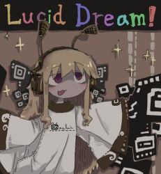 Rule 34 | 1girl, :3, bags under eyes, black wings, blonde hair, blush, brown background, butterfly wings, drop shadow, english text, fake antennae, hatching (texture), headphones, highres, insect wings, long hair, open mouth, original, purple eyes, raised eyebrows, sanpaku, shirt, sidelocks, solo, sparkle, torosakana, upper body, white shirt, wide sleeves, winged arms, wings