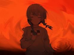 Rule 34 | 1girl, blouse, braid, brown hair, clenched hand, closed eyes, closed mouth, coldpizza, highres, long hair, long sleeves, looking at viewer, madotsuki, orange background, pink shirt, pink sweater, sad, shirt, solo, standing, sweater, twin braids, yume nikki