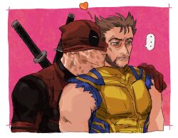 ... 2boys beard bodysuit brown_hair closed_mouth commentary_request deadpool deadpool_&amp;_wolverine deadpool_(series) facial_hair gloves hand_on_another&#039;s_shoulder heart highres katana kiss kissing_cheek male_focus marvel mask mask_lift mature_male multiple_boys muscular muscular_male red_bodysuit scar sleeveless spoken_ellipsis superhero_costume sword weapon weapon_on_back wolverine_(x-men) x-men yaoi yellow_bodysuit yo_ko_(kkk1211mmm)