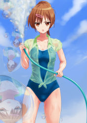 Rule 34 | &gt;:o, 10s, 1girl, :o, brown hair, chuunibyou demo koi ga shitai!, collarbone, competition school swimsuit, hair ornament, hairclip, highres, holding, hose, looking at viewer, nibutani shinka, one-piece swimsuit, rasukaru, red eyes, school swimsuit, shirt, sleeves rolled up, solo, swimsuit, swimsuit under clothes, v-shaped eyebrows, water, wet, wet clothes, wet shirt