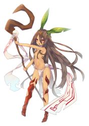 Rule 34 | 1girl, :o, absurdres, bare arms, brown hair, full body, hair between eyes, hair ornament, highres, holding, leaf, long hair, looking at viewer, navel, original, pelvic curtain, pom pom (clothes), red eyes, sakofu, simple background, solo, staff, standing, tattoo, very long hair, white background